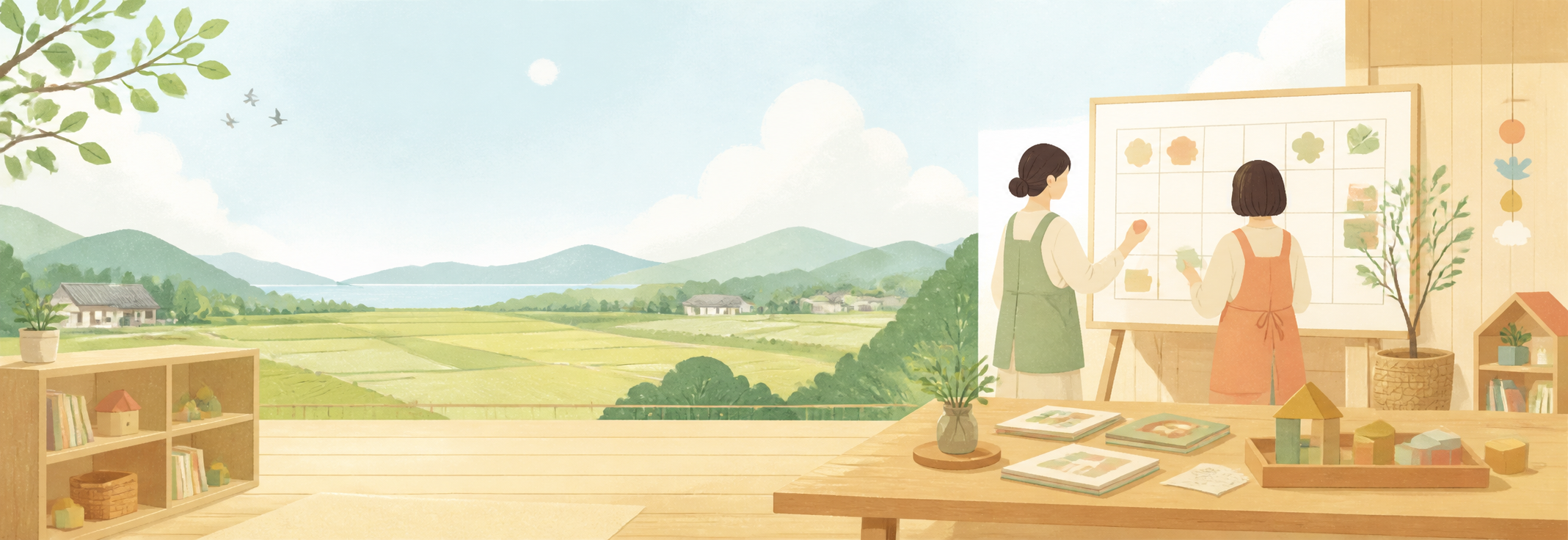 田園風景と保育スタッフの提案用イラスト